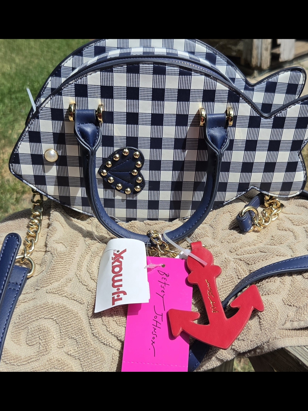 Betsey Johnson Navy and White Check Sailfish Crossbody with Red Anchor Charm